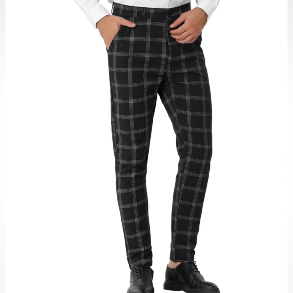 Men's Dress Plaid Slim Fit Flat Front Business Pants With Pockets